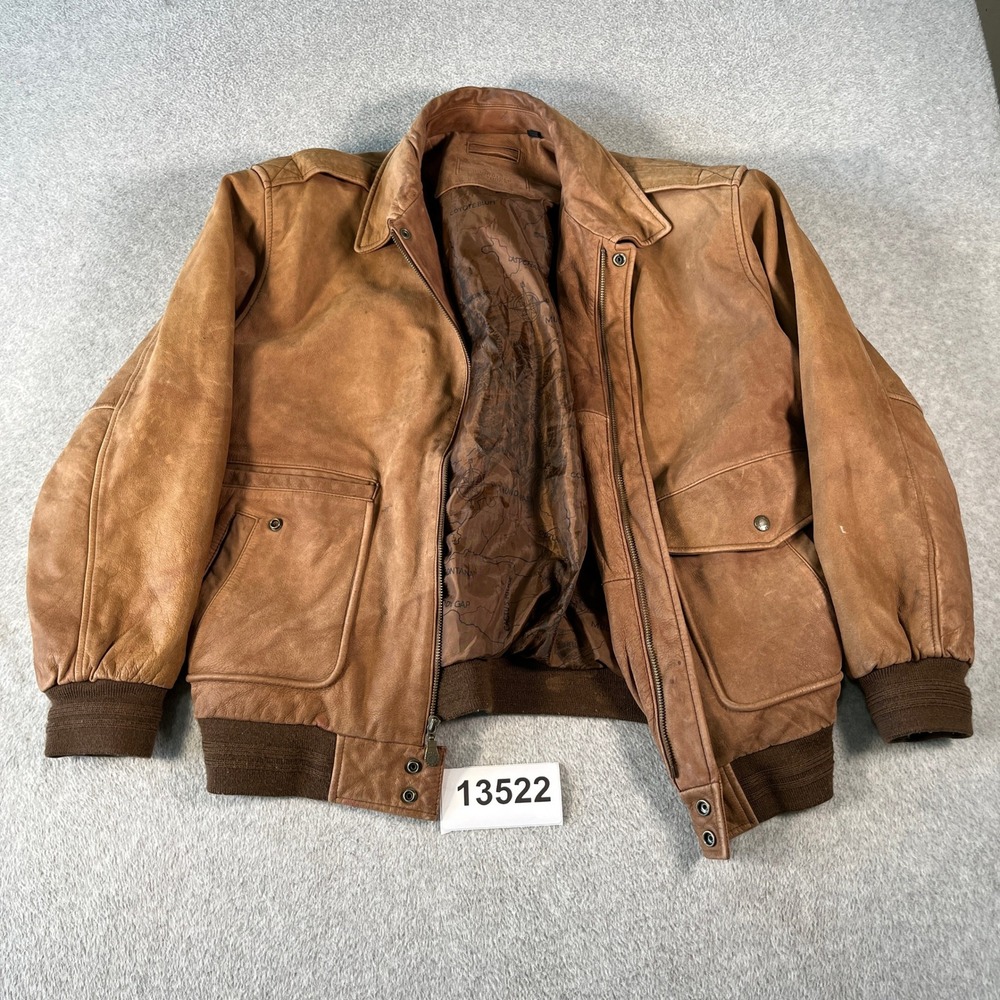 Roundtree & Yorke Bomber Jacket Mens Large Brown Good Leather Aviator Map Lining